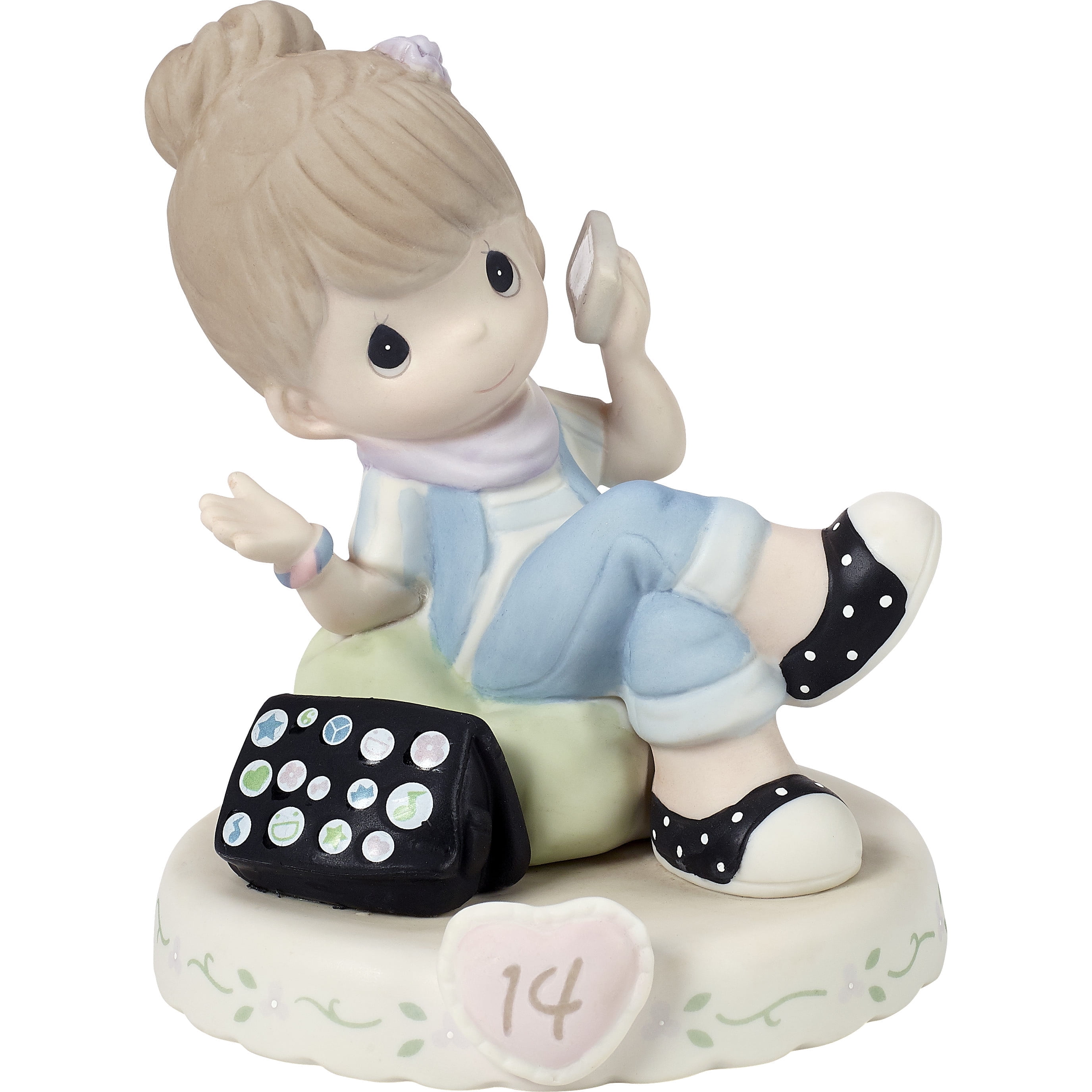 Brunette Porcelain Girl Figurine with Electronic Device, 4.5 inches