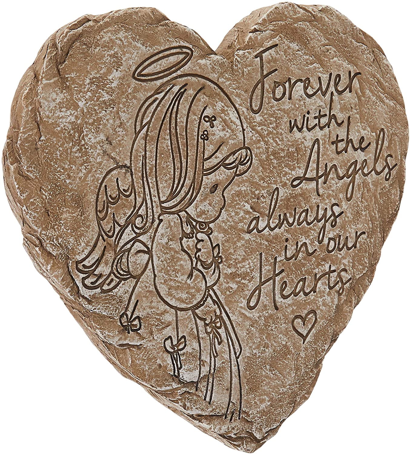 Gray Heart-Shaped Resin Memorial Garden Stone with Angel Etching