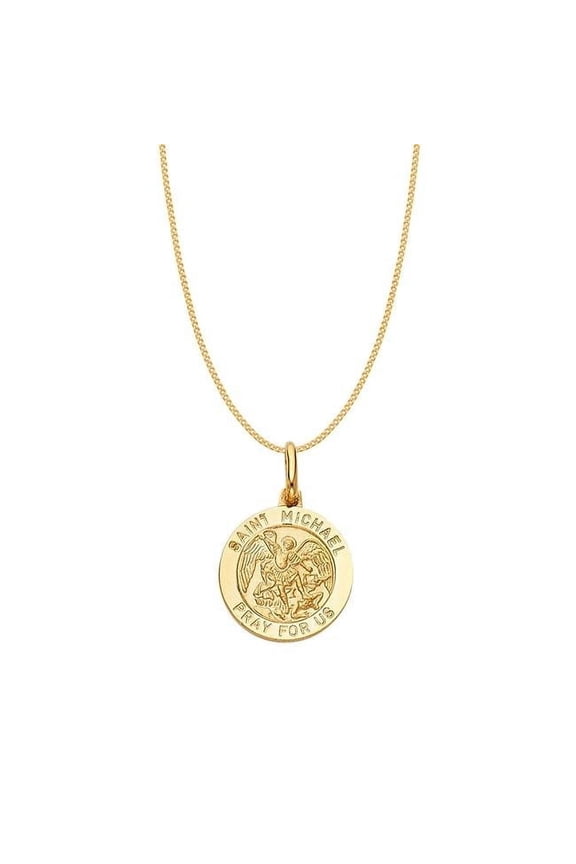 0.8 mm 14k Yellow Gold Saint Michael Round Medallion with Square Wheat Chain
