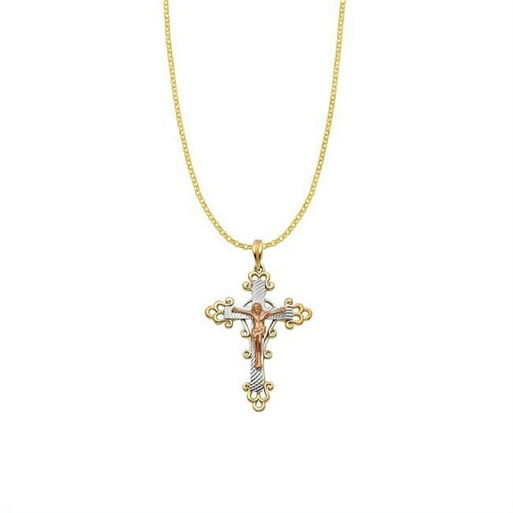 Precious Stars 1.6 mm 14k Tri-tone Gold Decorative Crucifix Cross Pendant with Rolo Chain