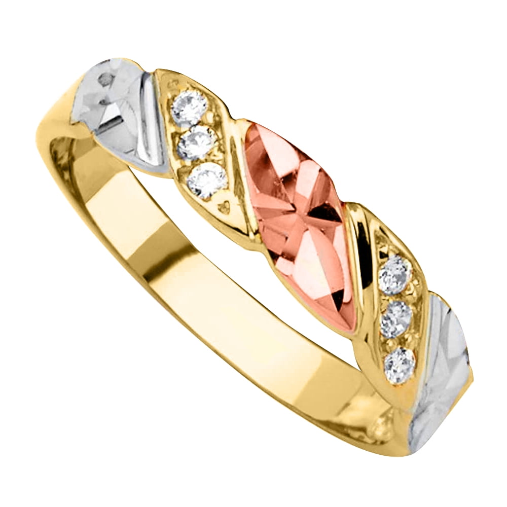 Bague De Fiançailles Et Alliance 14K Or Tricolore – Zircon Cubique – Taille 7 – Neuf