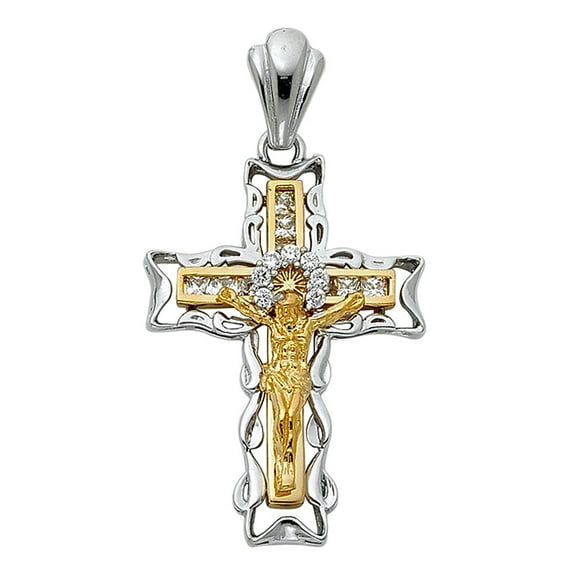 Precious Stars 14K Two-Tone Gold Cubic Zirconia Fancy Christian Cross Pendant - No Chain, Pendant Only