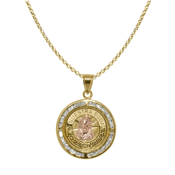 Precious Stars 14K Two-Tone Gold Cubic Zirconia Unisex Nuestra Boda Jesus Pendant with 16" Chain Necklace