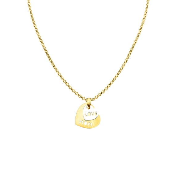 Precious Stars 14K Two-Tone Gold Double Heart 'Love Mom' Mother's Day Pendant with 16" Chain Necklace