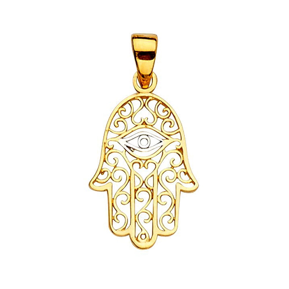 Genuine 14K Two-Tone Gold Filigree Hand of Fatima Hamsa Pendant – 0.82" Religious Charm for Men or Women, Spiritual Protection Jewelry