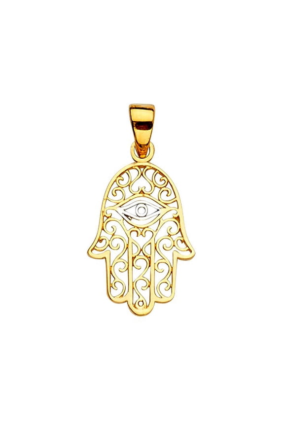 Genuine 14K Two-Tone Gold Filigree Hand of Fatima Hamsa Pendant  0.82" Religious Charm for Men or Women, Spiritual Protection Jewelry