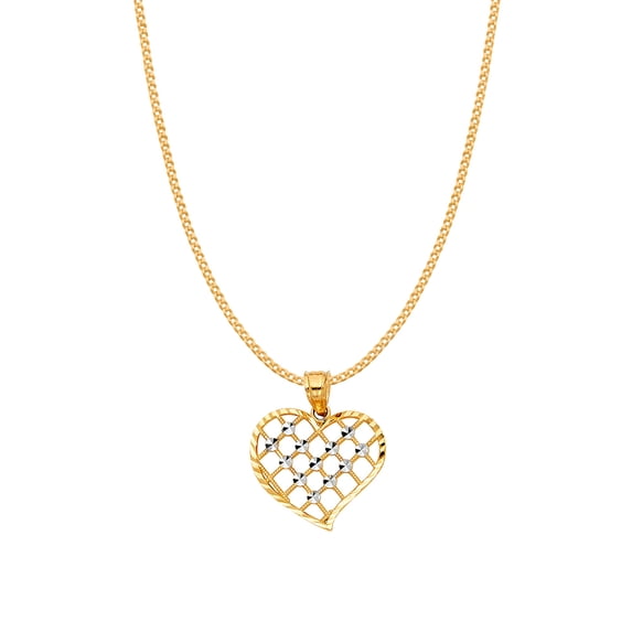 Precious Stars 14K Two-Tone Gold Ladies Cross Hatch Heart Pendant with 18" Chain Necklace