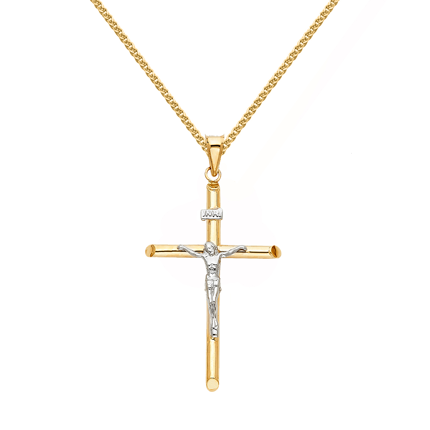 Precious Stars 14K Two-Tone Solid Gold Crucifix Religious Unisex Pendant with 16" Chain Necklace