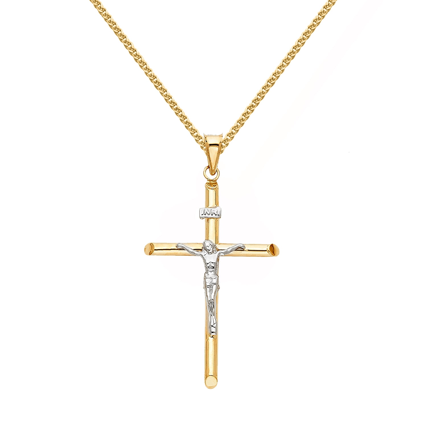 Precious Stars 14K Two-Tone Solid Gold Crucifix Religious Unisex Pendant with 22" Chain Necklace