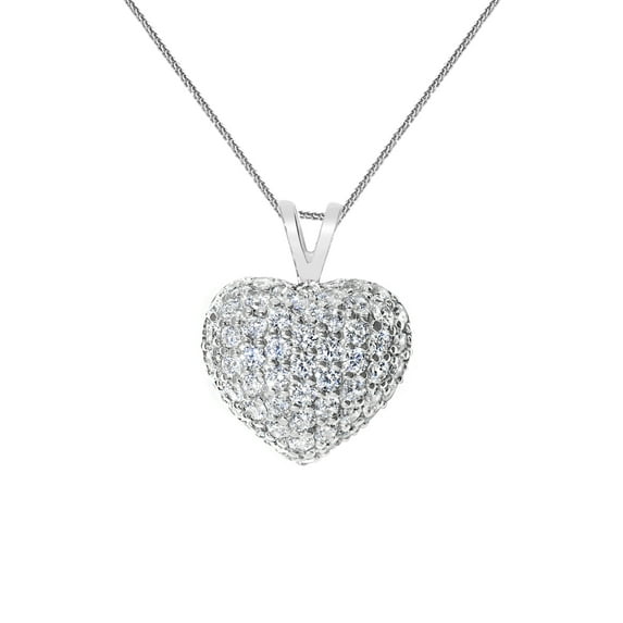 Precious Stars 14K White Gold Cubic Zirconia Ladies Puffed Heart Pendant with 22" Chain Necklace