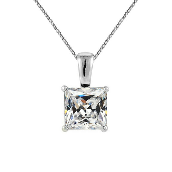 Precious Stars 14K White Gold Ladies 6mm Princess-cut Cubic Zirconia Solitaire Pendant with 18" Chain Necklace