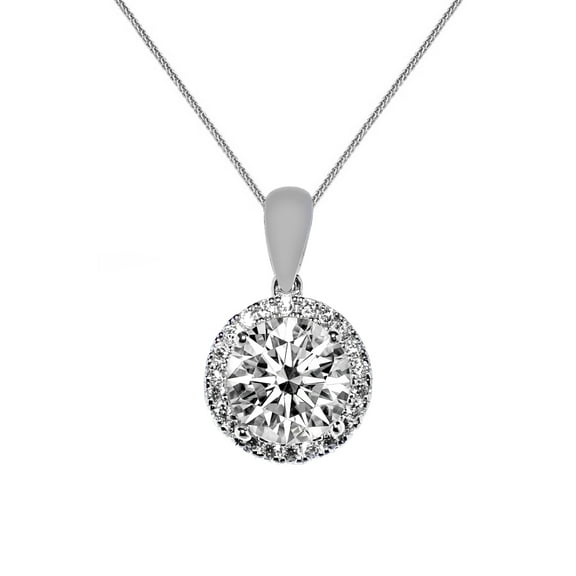 Precious Stars 14K White Gold Ladies 9-mm Round-cut Cubic Zirconia Halo Pendant with 16" Chain Necklace
