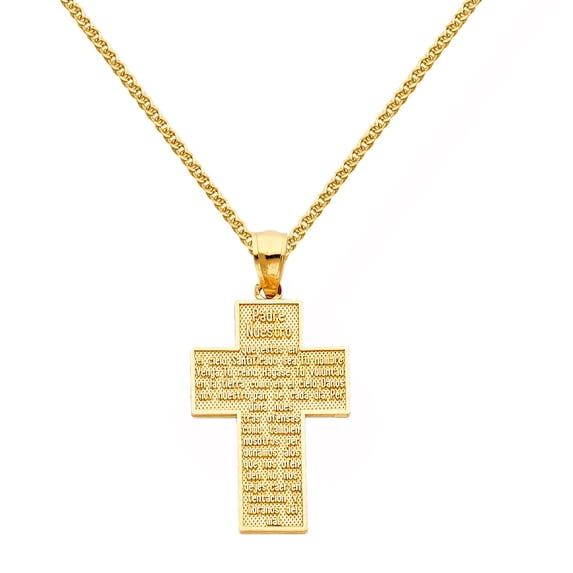 Precious Stars 14K Yellow Gold 1.18-inch Padre Nuestro Cross Unisex Pendant with 24" Chain Necklace