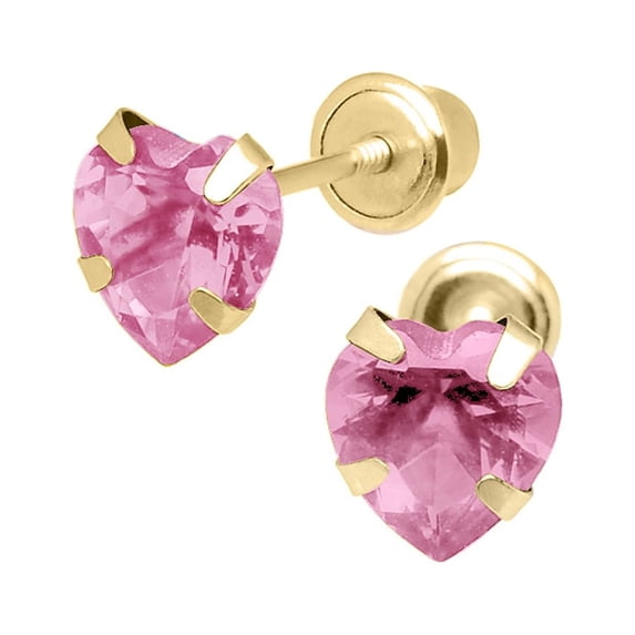 Precious Stars 14K Yellow Gold 5mm Cubic Zirconia Heart October Birthstone Stud Screwback Earrings