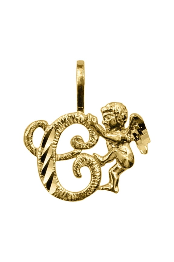 14K Yellow Gold Cherub and Cursive Initial Letter 'C' Pendant - No Chain, Pendant Only