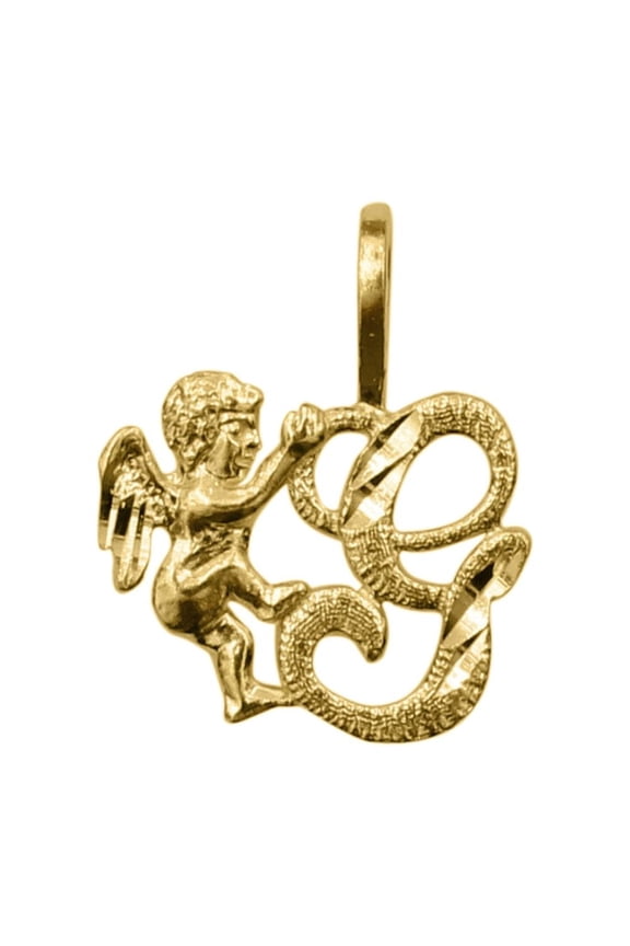 14K Yellow Gold Cherub and Cursive Initial Letter 'G' Pendant - No Chain, Pendant Only