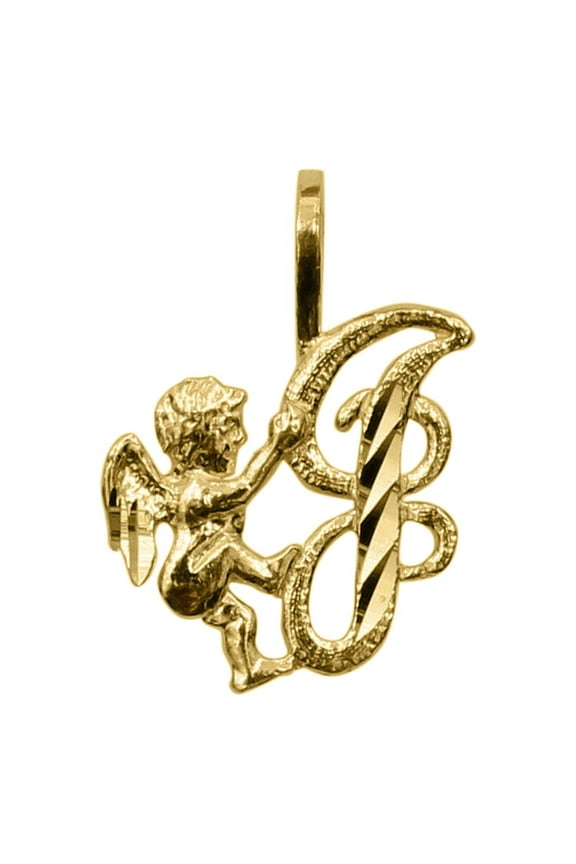 14K Yellow Gold Cherub and Cursive Initial Letter 'J' Pendant - No Chain, Pendant Only
