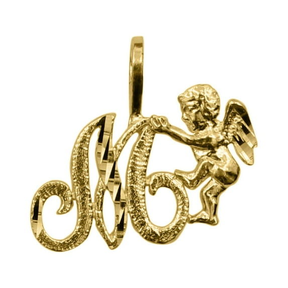Precious Stars 14K Yellow Gold Cherub and Cursive Initial Letter 'M' Pendant - No Chain, Pendant Only