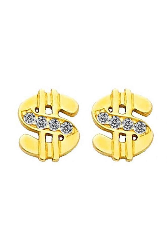 14K Yellow Gold Cubic Zirconia Dollar Sign Screwback Earring Studs