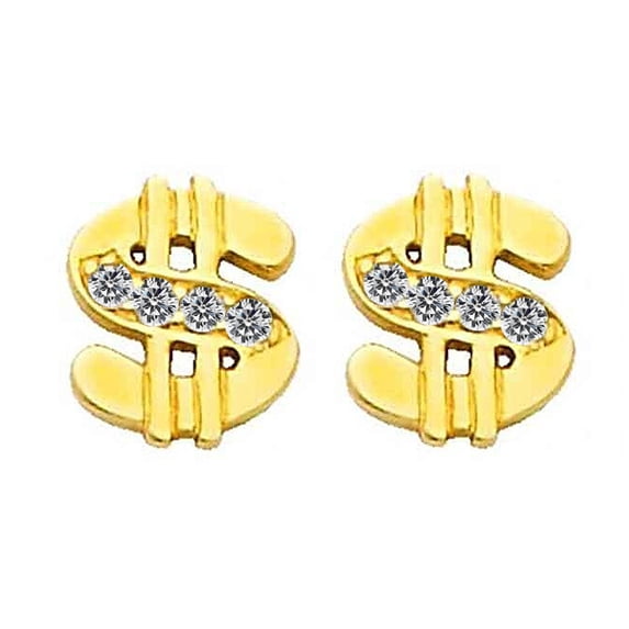 Precious Stars 14K Yellow Gold Cubic Zirconia Dollar Sign Screwback Earring Studs