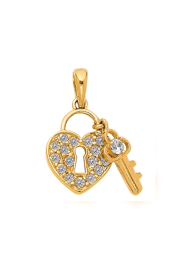 14K Yellow Gold Cubic Zirconia Heart Lock and Key Pendant - No Chain, Pendant Only