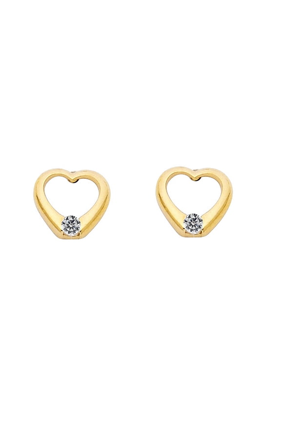 14K Yellow Gold Cubic Zirconia Heart Screwback Earring Studs
