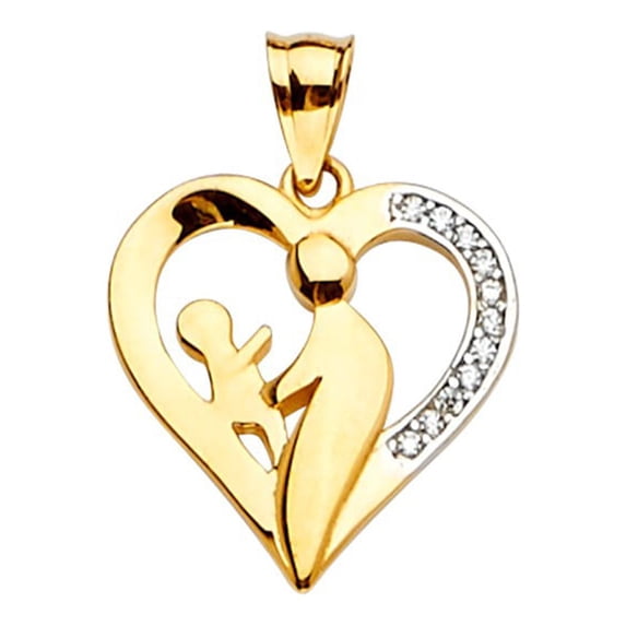Precious Stars 14K Yellow Gold Cubic Zirconia Heart Shaped Mother and Child Mother's Day Pendant - No Chain, Pendant Only