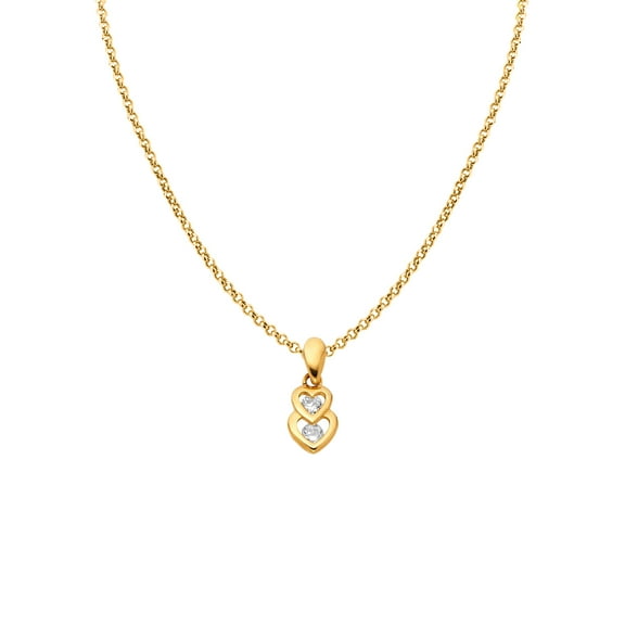 Precious Stars 14K Yellow Gold Cubic Zirconia Ladies Overlapping Double Heart Pendant with 16" Chain Necklace