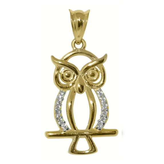 Precious Stars 14K Yellow Gold Cubic Zirconia Owl Pendant - No Chain, Pendant Only