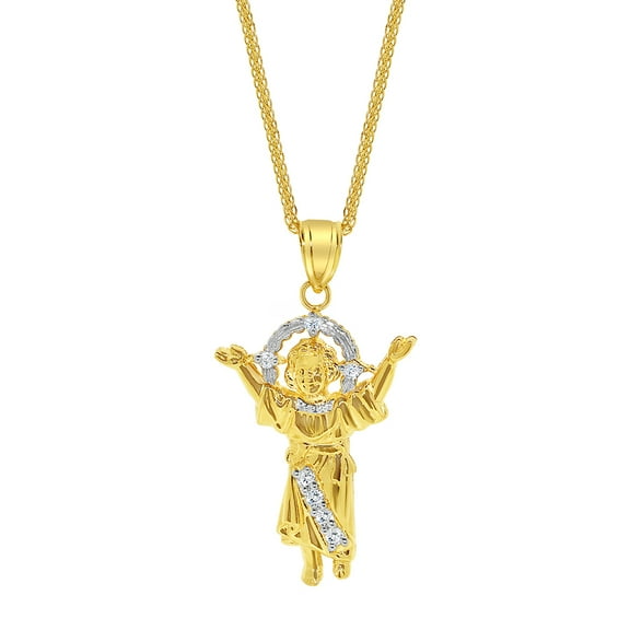 Precious Stars 14K Yellow Gold Cubic Zirconia Unisex Divine Infant Jesus Pendant with 16" Chain Necklace