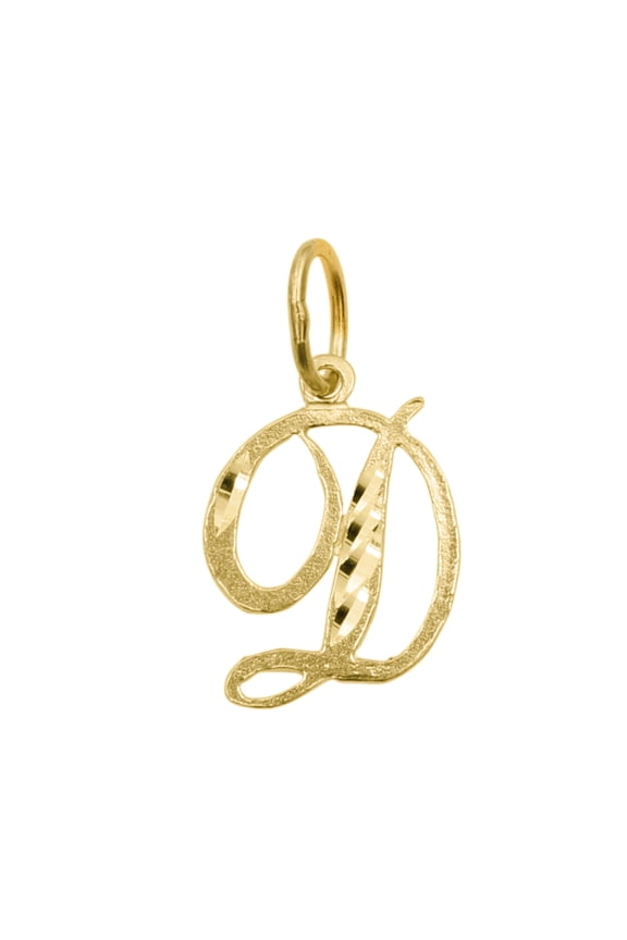 14K Yellow Gold Diamond-cut Cursive Letter Unisex Initial 'D' Pendant - No Chain, Pendant Only