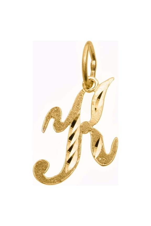 14K Yellow Gold Diamond-cut Cursive Letter Unisex Initial 'K' Pendant - No Chain, Pendant Only
