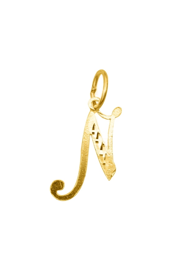 14K Yellow Gold Diamond-cut Cursive Letter Unisex Initial 'N' Pendant - No Chain, Pendant Only