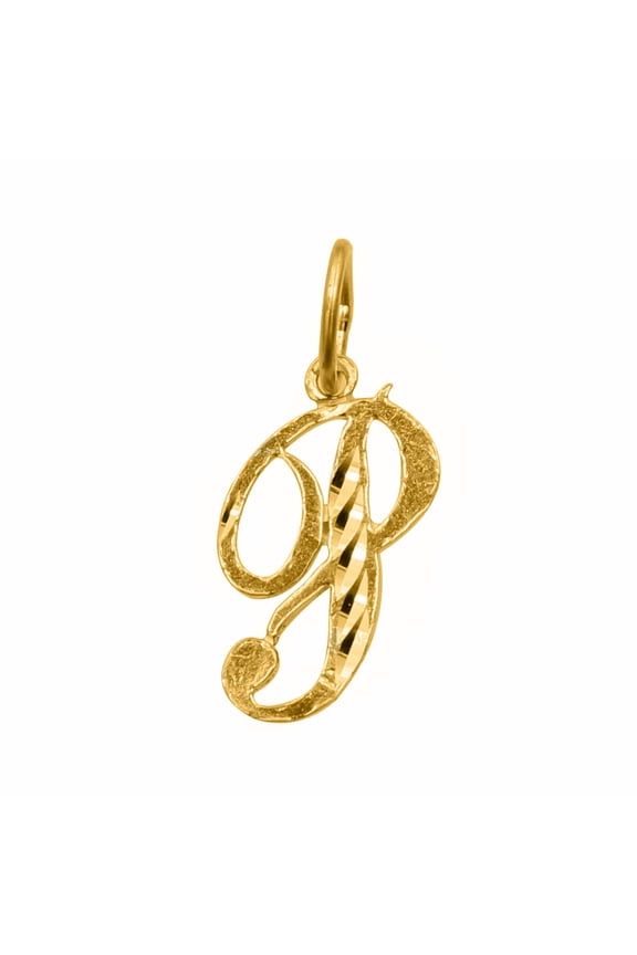 14K Yellow Gold Diamond-cut Cursive Letter Unisex Initial 'P' Pendant - No Chain, Pendant Only