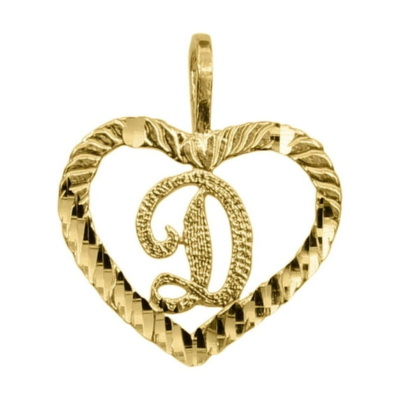 Precious Stars 14K Yellow Gold Diamond-cut Heart-shaped Initial Letter 'D' Pendant - No Chain, Pendant Only