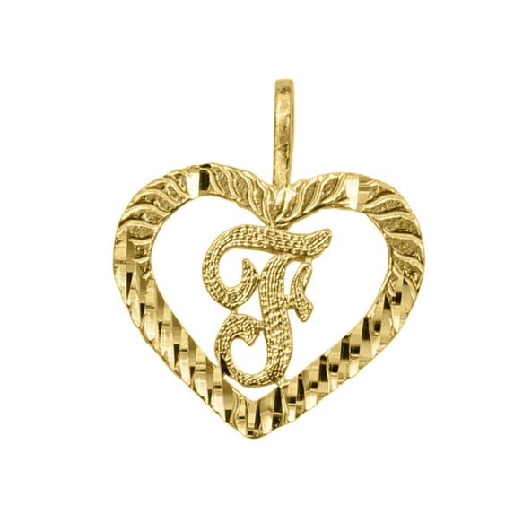 Precious Stars 14K Yellow Gold Diamond-cut Heart-shaped Initial Letter 'F' Pendant - No Chain, Pendant Only