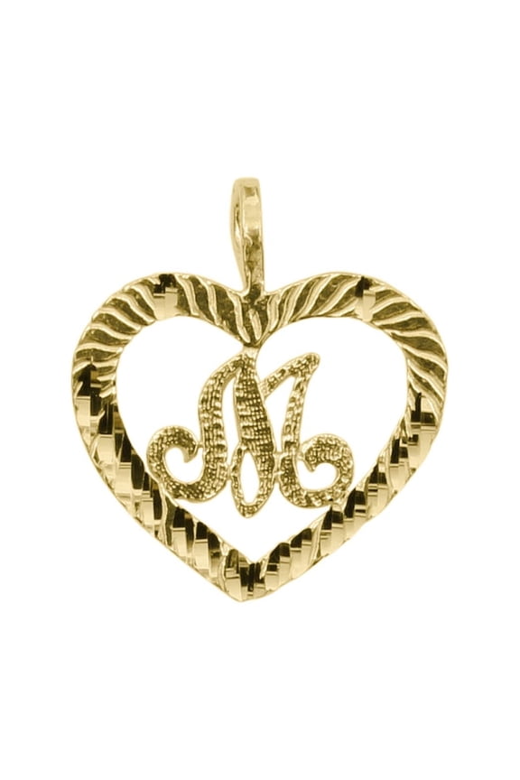 14K Yellow Gold Diamond-cut Heart-shaped Initial Letter 'M' Pendant - No Chain, Pendant Only