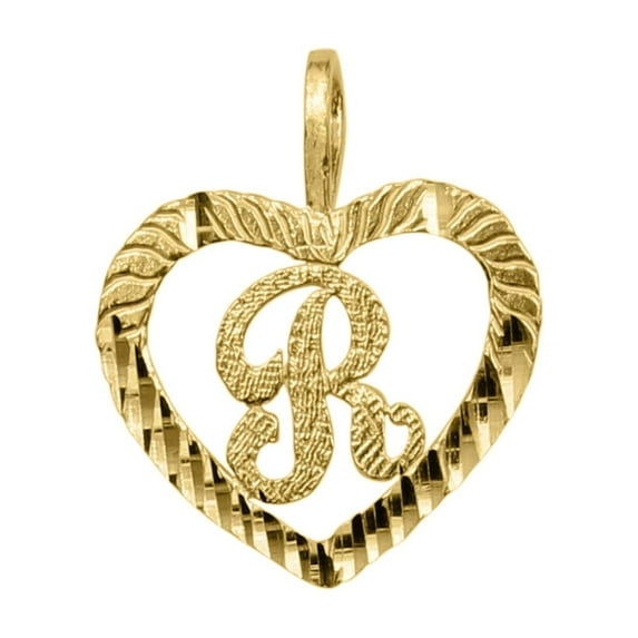 Precious Stars 14K Yellow Gold Diamond-cut Heart-shaped Initial Letter 'R' Pendant - No Chain, Pendant Only