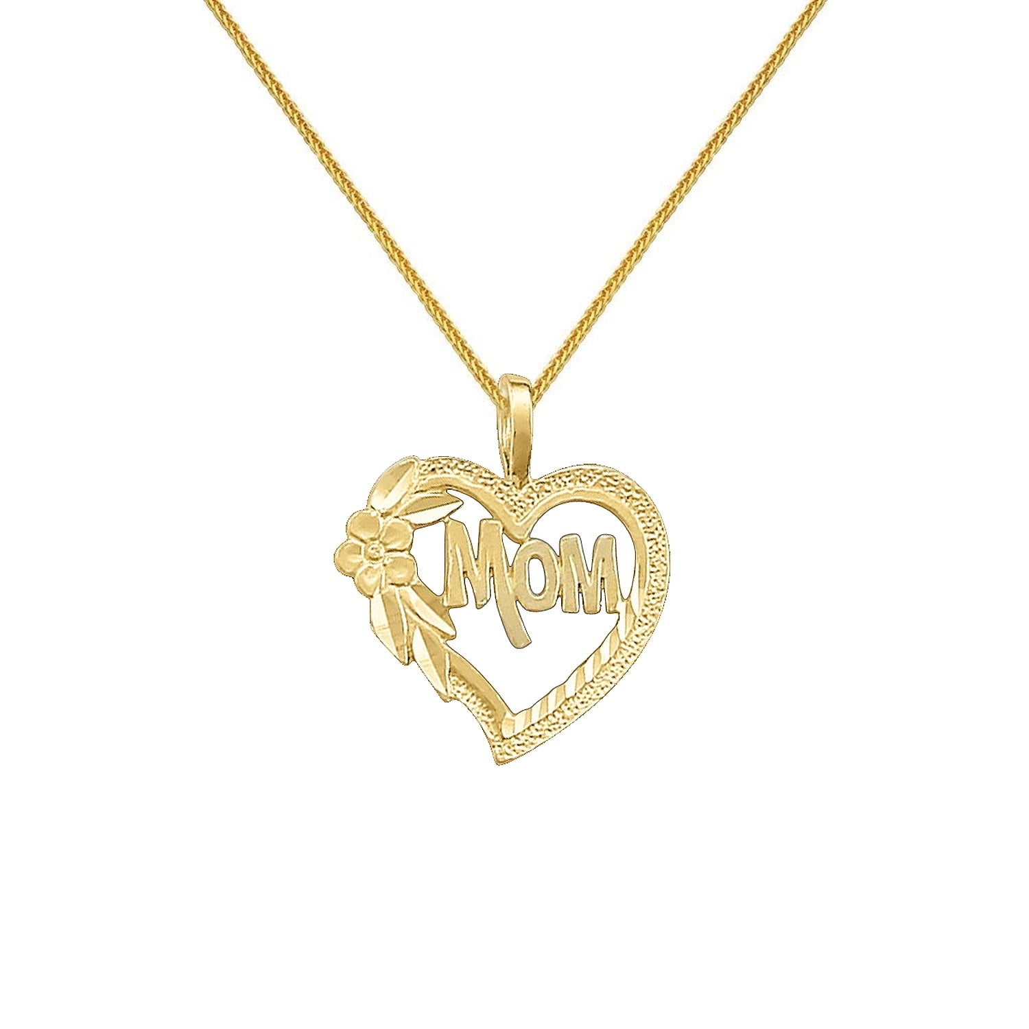 Precious Stars 14K Yellow Gold 'Mom' Floral Heart Pendant with 20" Chain Necklace