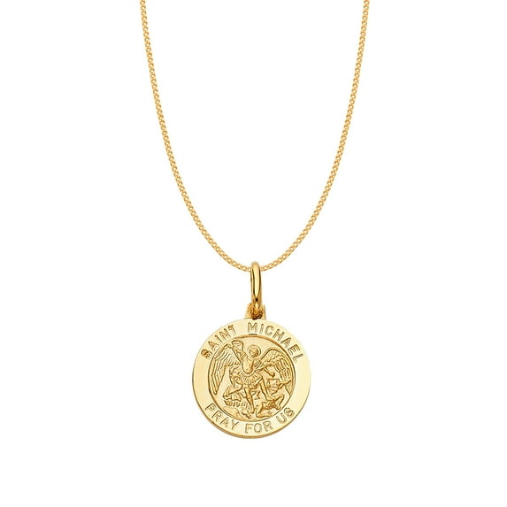 Precious Stars 14K Yellow Gold Unisex St. Michael the Archangel Round Medallion with 16" Chain Necklace