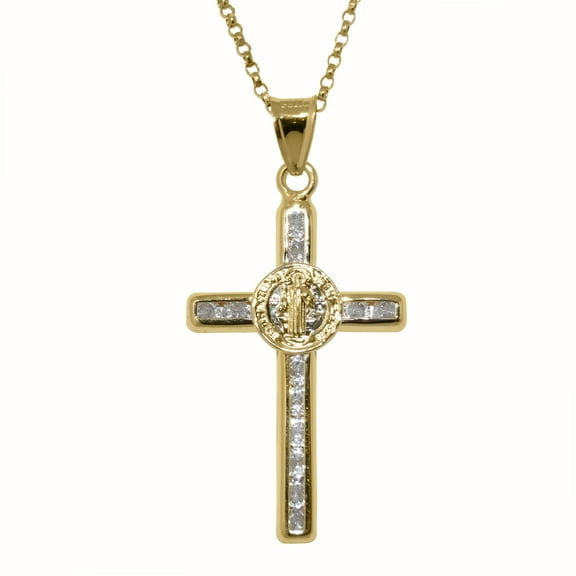 Precious Stars 14K Yellow Gold and Cubic Zirconia Jesus Cross Unisex Pendant with 16" Chain Necklace