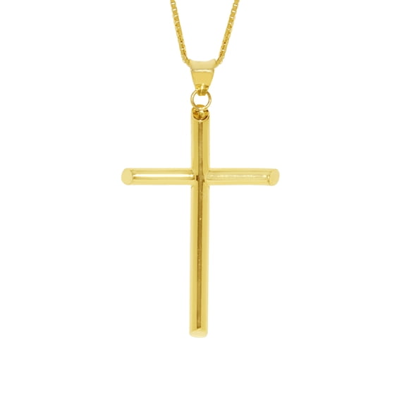 Precious Stars 14K Yellow Solid Gold Traditional 1.30" Cross Unisex Religious Pendant with 24" Chain Necklace
