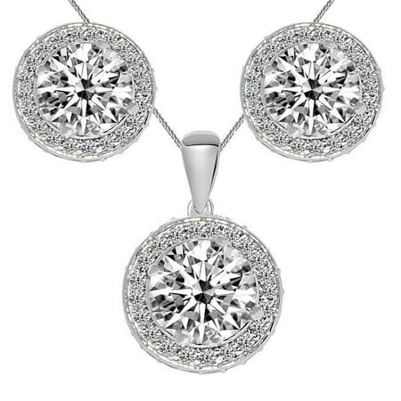 Precious Stars 16 in. 14K White Gold Cubic Zirconia Round-Cut Double Halo Earring Pendant Set