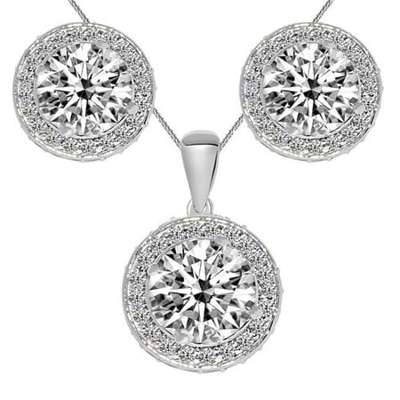 Precious Stars 20 in. 14K White Gold Cubic Zirconia Round-Cut Double Halo Earring Pendant Set