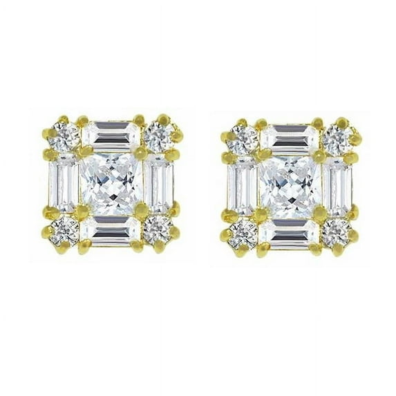 Precious Stars ER-0323 14K Yellow Gold 7 mm Square Princess & Baguette-Cut Cubic Zirconia Stud Earrings