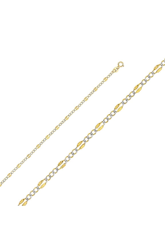 Genuine 14k Two-tone Gold 3.2mm Pave Stamp 3+1 Figaro Chain Necklace for Men and Women - Available in 16" 18" 20" 22" 24"