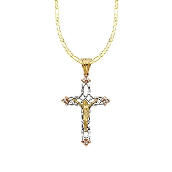 Precious Stars Jewelry 14k Tri-tone Gold Cubic Zirconia Fancy Crucifix Cross Pendant with 2.3-mm Figaro Chain