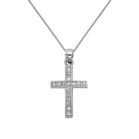 Precious Stars Jewelry 14k White Gold Cubic Zirconia Cross Pendant with 0.80-mm Square Wheat Chain