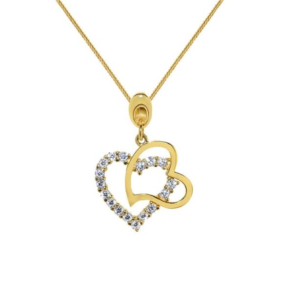 Precious Stars Jewelry 14k Yellow Gold Cubic Zirconia Double Heart Pendant with 0.8-mm Yellow Gold Square Wheat Chain