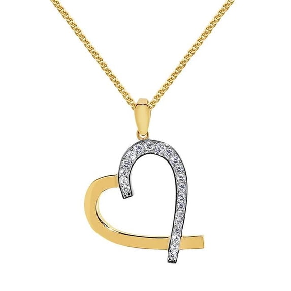 Precious Stars Jewelry 14k Yellow Gold Cubic Zirconia Open Heart Pendant with 1.7-mm Yellow Gold Flat wheat Chain